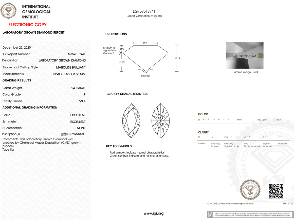 1.24 Carat F-VS1 Marquise Lab Grown Diamond - IGI (#125271) - IGI Grading Certificate