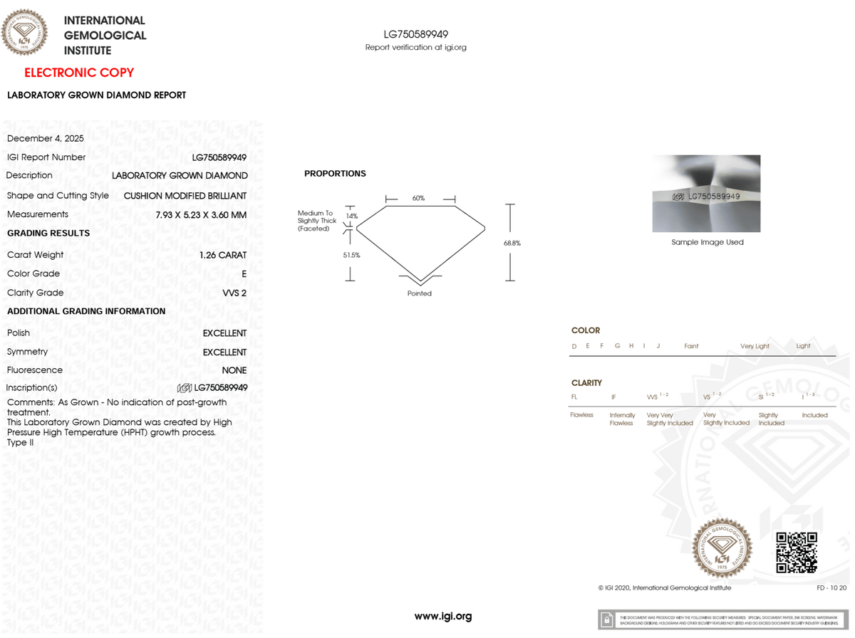 1.26 Carat E-VVS2 Elongated Cushion Lab Grown Diamond - IGI (#125403) - IGI Grading Certificate