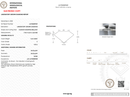 1.26 Carat E-VVS2 Elongated Cushion Lab Grown Diamond - IGI (#125403) - IGI Grading Certificate
