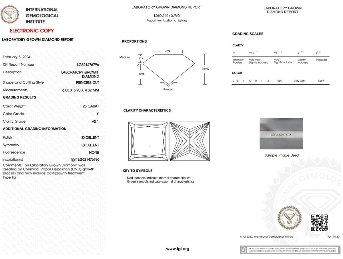 1.28 Carat F-VS1 Princess Lab Grown Diamond - IGI (#51156) - IGI Grading Certificate