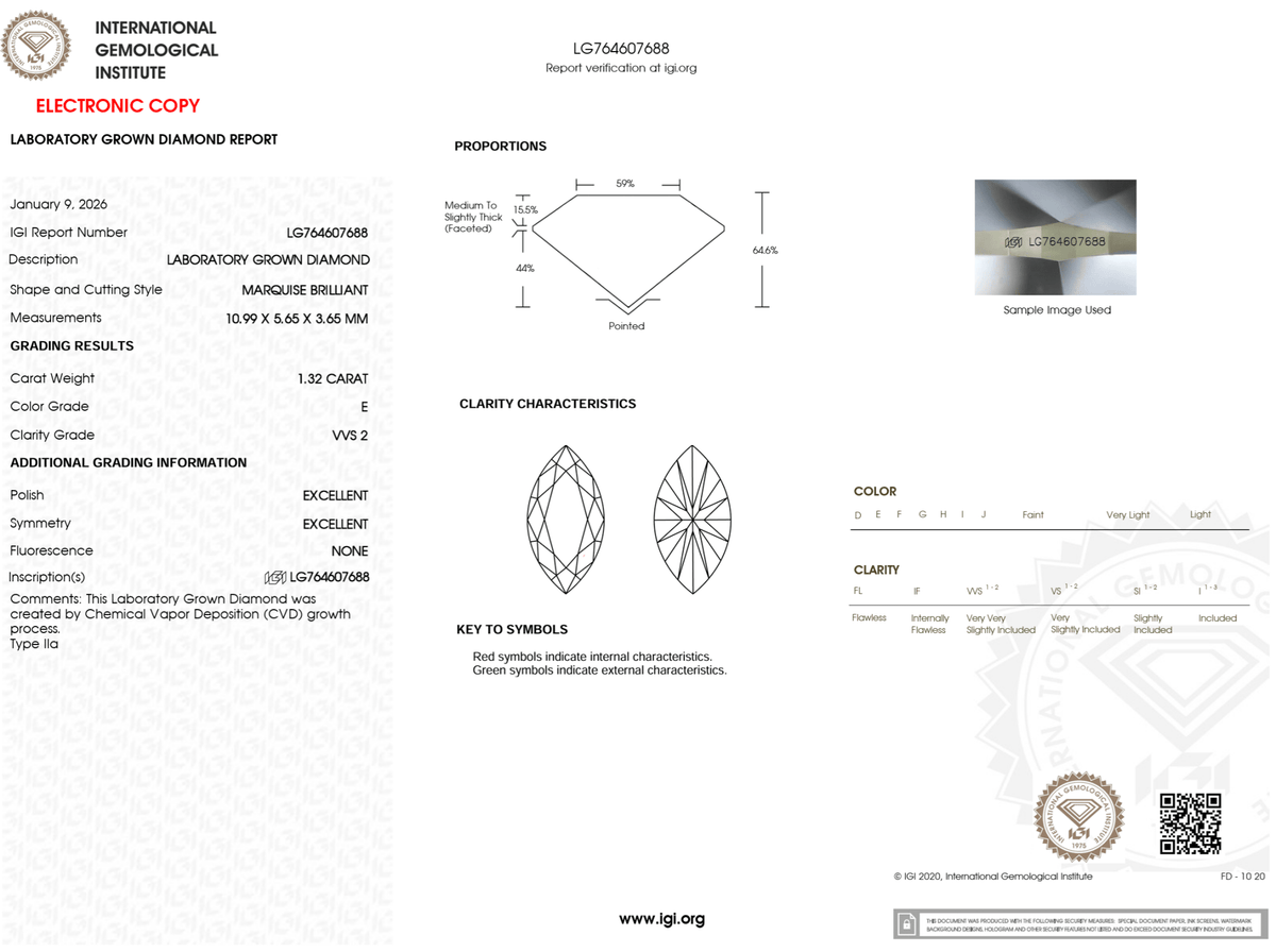 1.32 Carat E-VVS2 Marquise Lab Grown Diamond - IGI (#124677) - IGI Grading Certificate