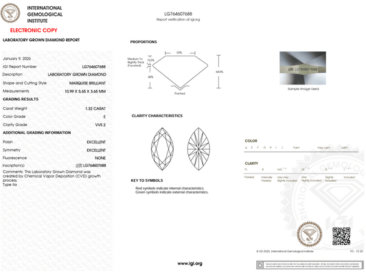 1.32 Carat E-VVS2 Marquise Lab Grown Diamond - IGI (#124677) - IGI Grading Certificate
