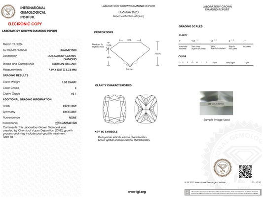 1.33 Carat E-VS1 Elongated Cushion Lab Grown Diamond - IGI (#5278) - IGI Grading Certificate