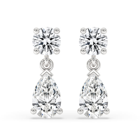 White Gold Drop Earrings with pear and round cut diamond.