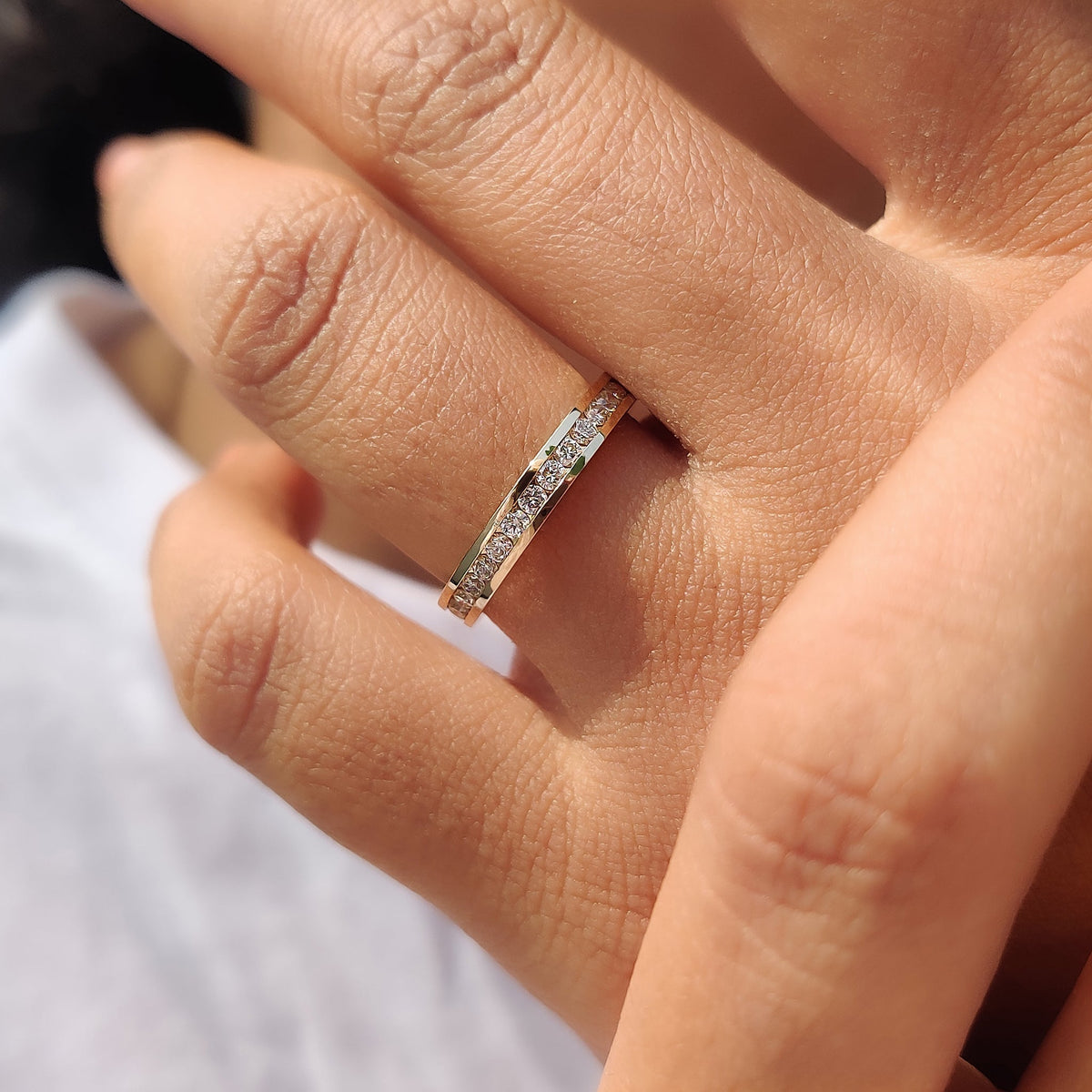 Channel wedding band with a Lab Grown Diamond for eco-friendly luxury.