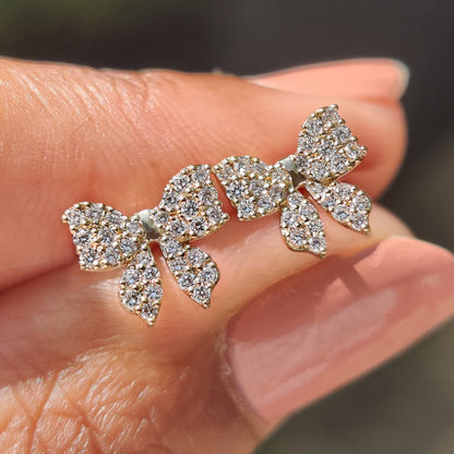 Gold bow earrings with round cut lab grown diamonds