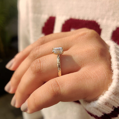 Nature Inspire diamond ring with engraved shank details.