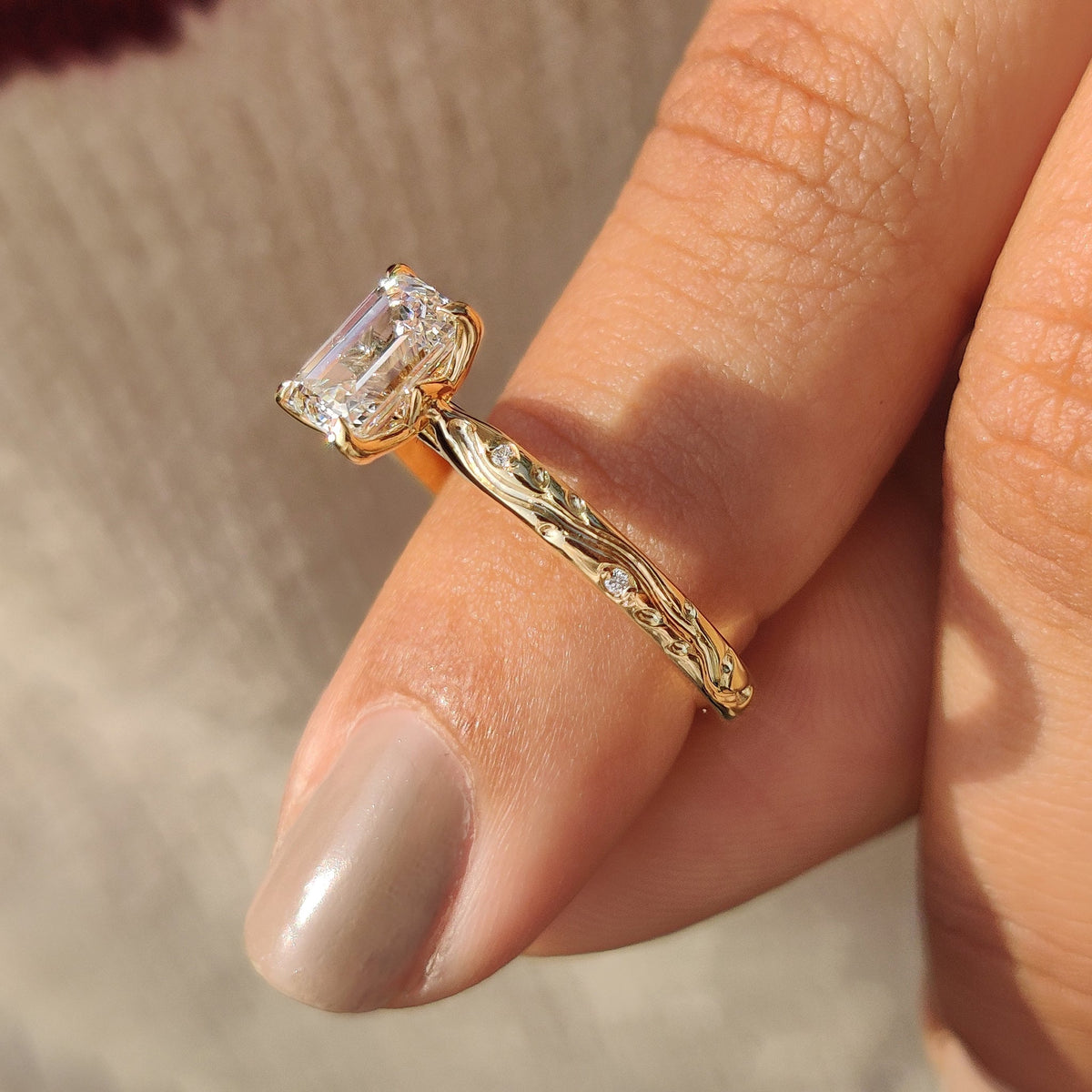 Nature inspired engagement ring in yellow gold.