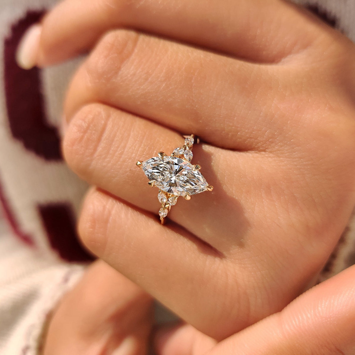 Handmade marquise diamond ring with six claw prong setting