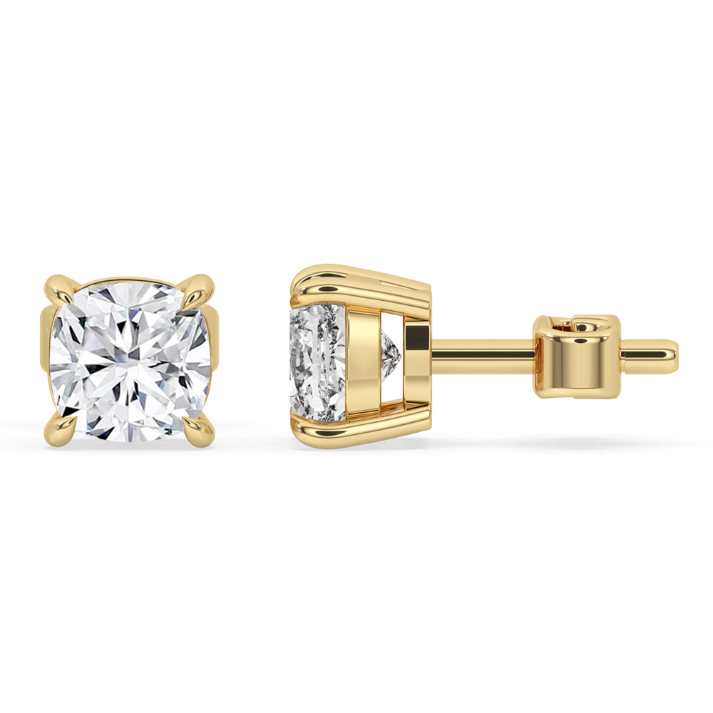 Cushion cut diamond earrings featuring elegant claw prong detailing.