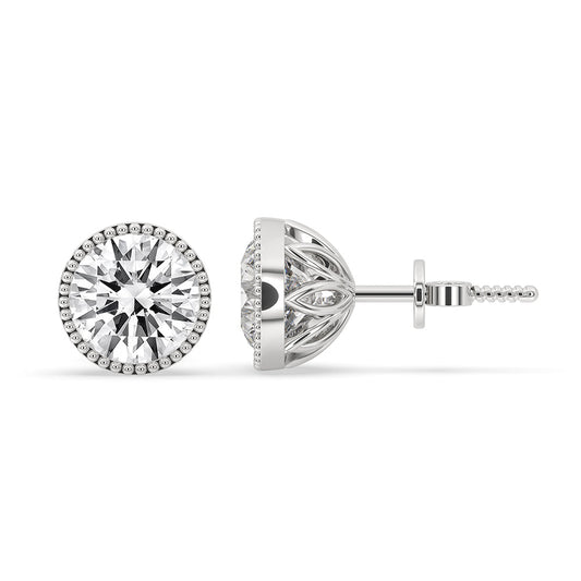 Round diamond earrings with a brilliant lab grown center stone.